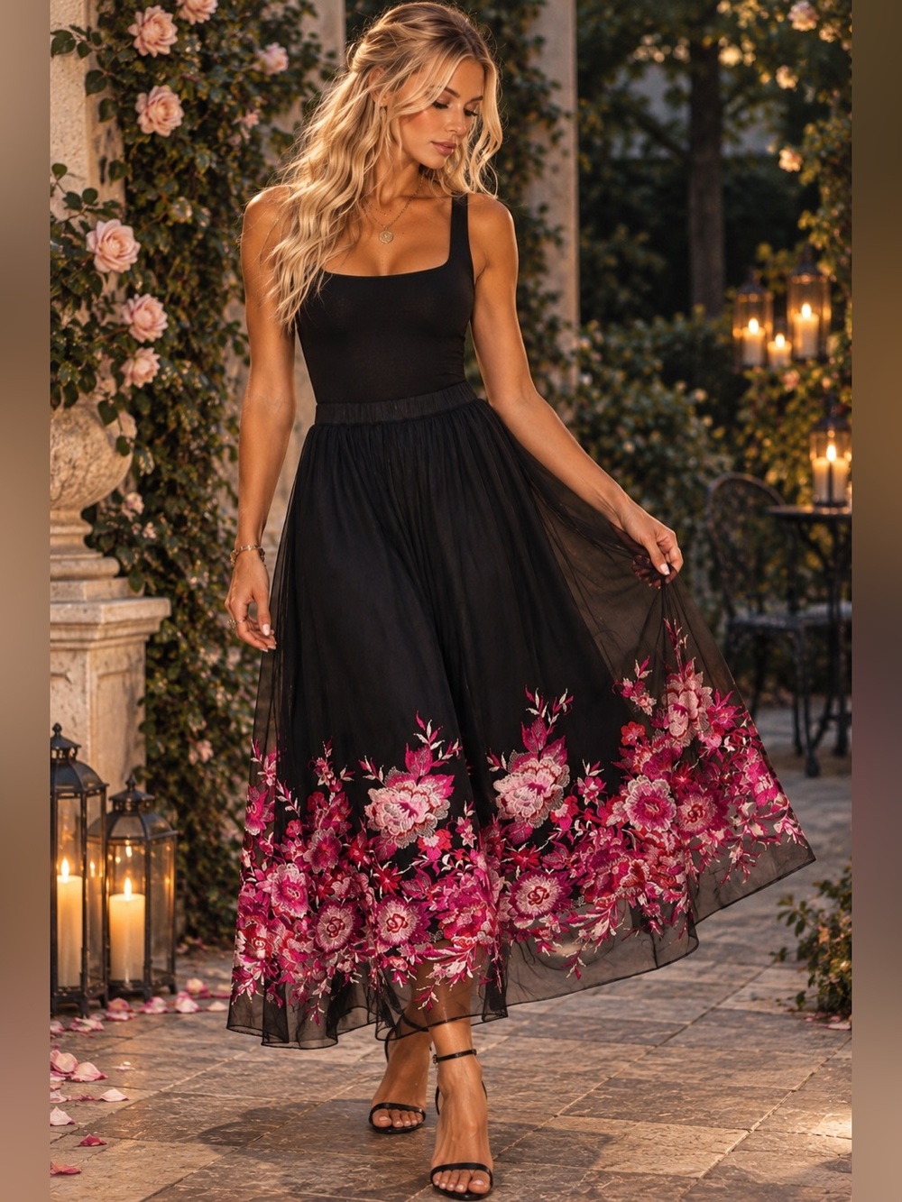 Du Jour Black Floral Embroidered Mesh Maxi Skirt XS S M Dark Fairy Whimsigoth